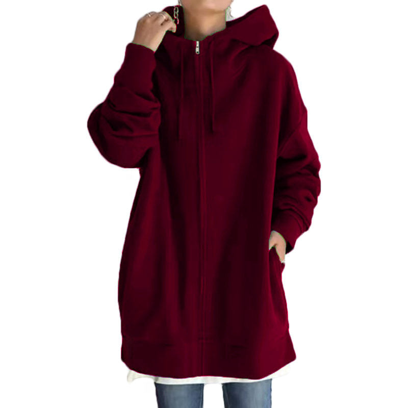 Womens Long Fleece Sweatshirt Simple Full Zip Hoodies-WineRed