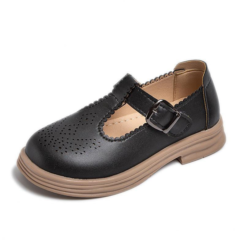 Toddlers Girls Brogues Shoes T-Strap Hook & Loop Retro Flats-Black