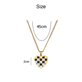 Black and White Checkerboard Heart Necklace Titanium Steel Pendant Sweet Cool Girl Jewelry