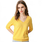 Womens V Neck Sweaters Soft Tops Knit Casual Solid Pullover-Yellow