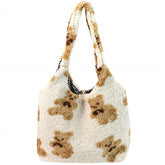 Women Girls Cute Bear Plush Shoulder Bag Large Shopping Handbag-White