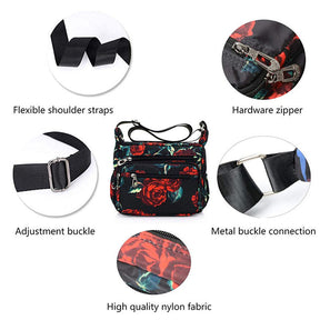 Women Nylon Floral Crossbody Bag Multi Pocket Shoulder Bag-Rose Flower