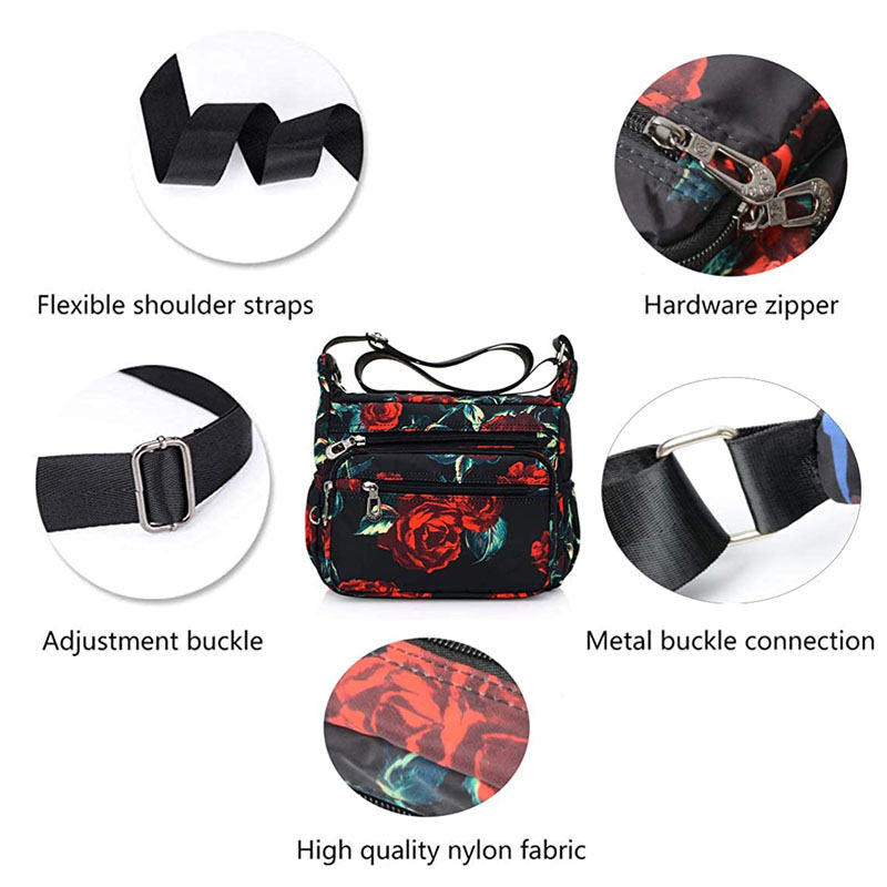 Women Nylon Floral Crossbody Bag Multi Pocket Shoulder Bag-Rose Flower