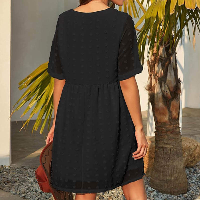 Womens Summer Short Sleeve V-neck Dress Swiss Dot A Line Dresses-Black