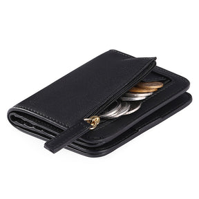 Womens Leather Mini Wallet with ID Card Window Portable Coin Purse-WineRed