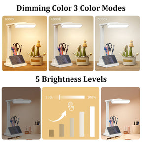 LED Desk Lamp with Pen Organizer,Study Lamp with Phone Holder 3 Color Modes, Stepless Dimming,Eye Caring Touch Control Table Lamp for Home Office