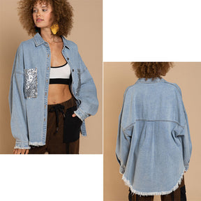 Sequins Denim Jacket for Women Oversized Distressed Jean Outwear-Blue