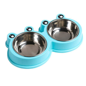 Double Dog Cat Bowls Cute Modeling No-Slip Stainless Steel Pet Bowls-Blue