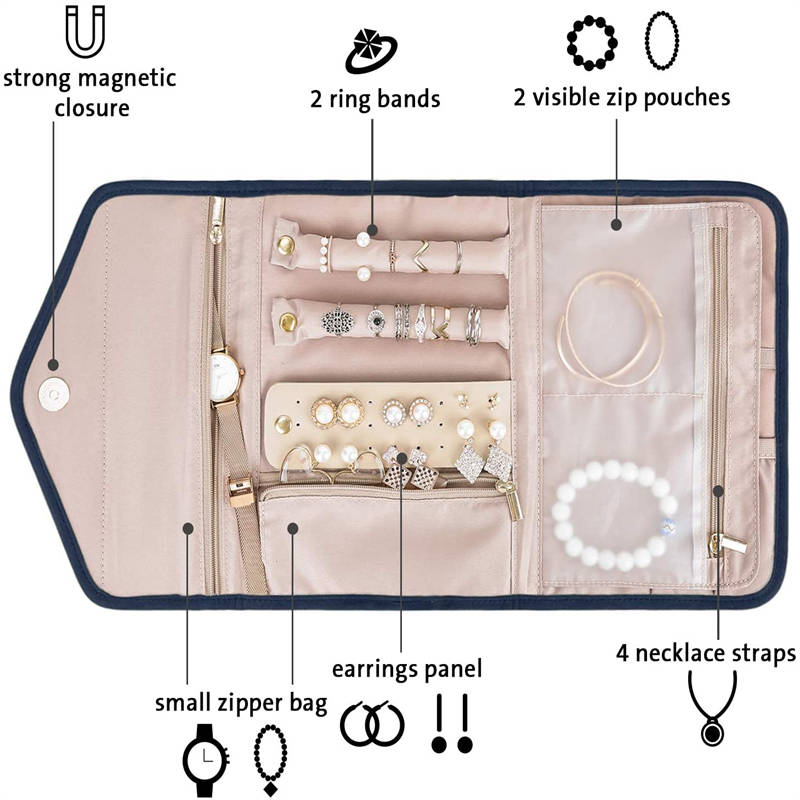 Travel Jewelry Organizer Roll Foldable Jewelry Case for Rings Necklaces - Navy Blue