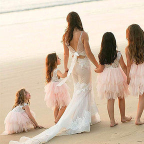 Little Girl Lace Flower Tutu Dress Backless Wedding Flower Girl Dress-Pink