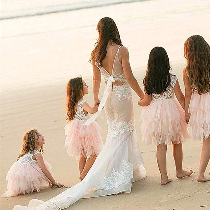 Little Girl Lace Flower Tutu Dress Backless Wedding Flower Girl Dress-Pink