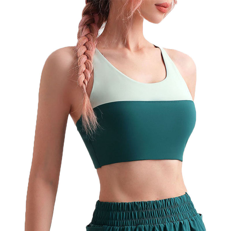 Color Stitching Sports Bra with Removable Cups Criss-Cross Back Vest-Green