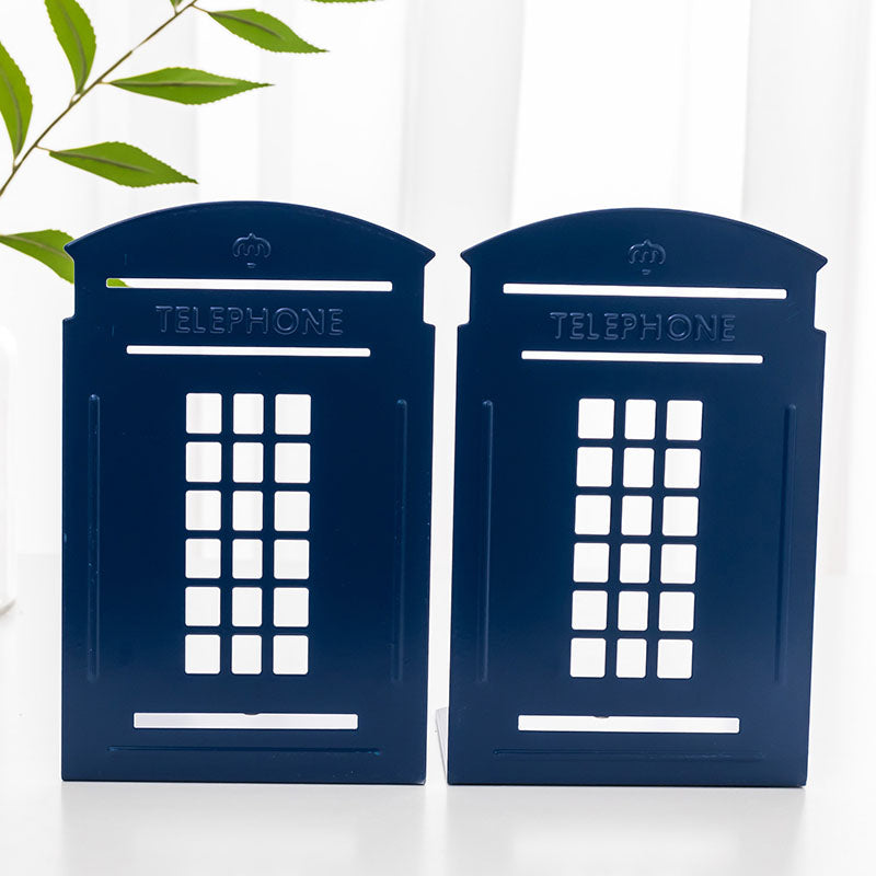 1 Pair Heavy Metal Telephone Booth Bookshelf Non Skid Sturdy Decorative Gift for Office Library-Blue