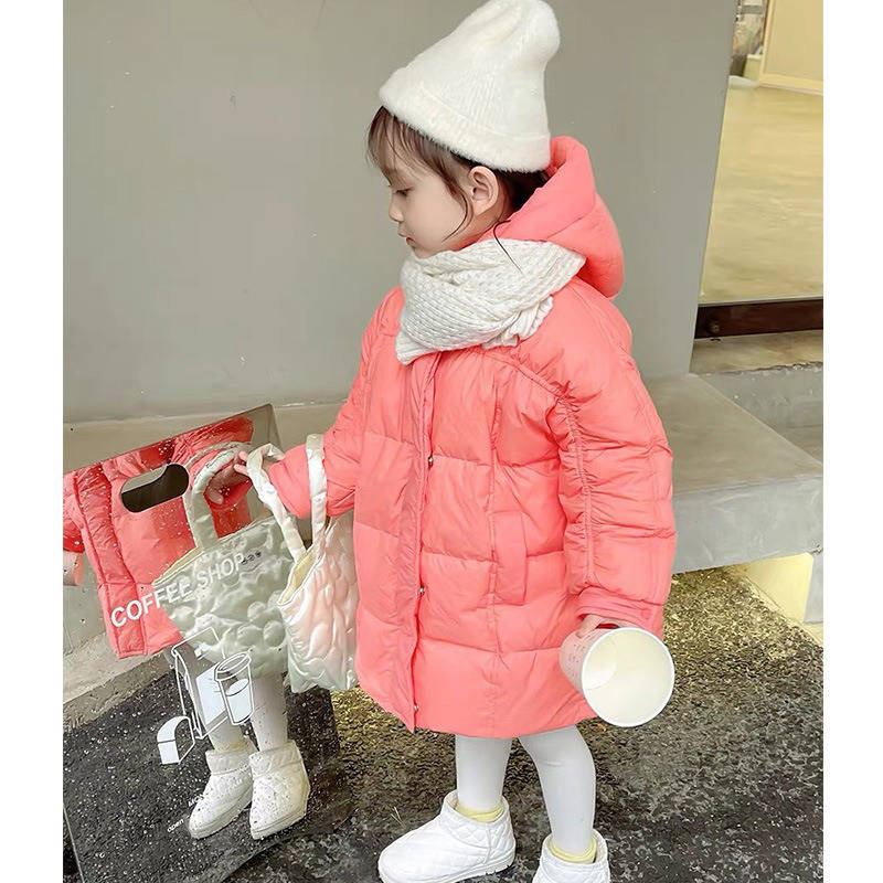 Winter Childrens Hooded Down Coat Mid Length Girls Puffer Jacket Kids 3-9 Years-Pink