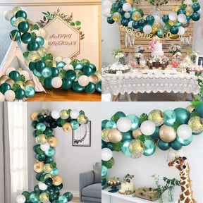 12 Inches Jungle Theme Party Balloons 50 Packs Green White Gold Latex Balloons with 10pcs Palm Leaves for Party Decorations