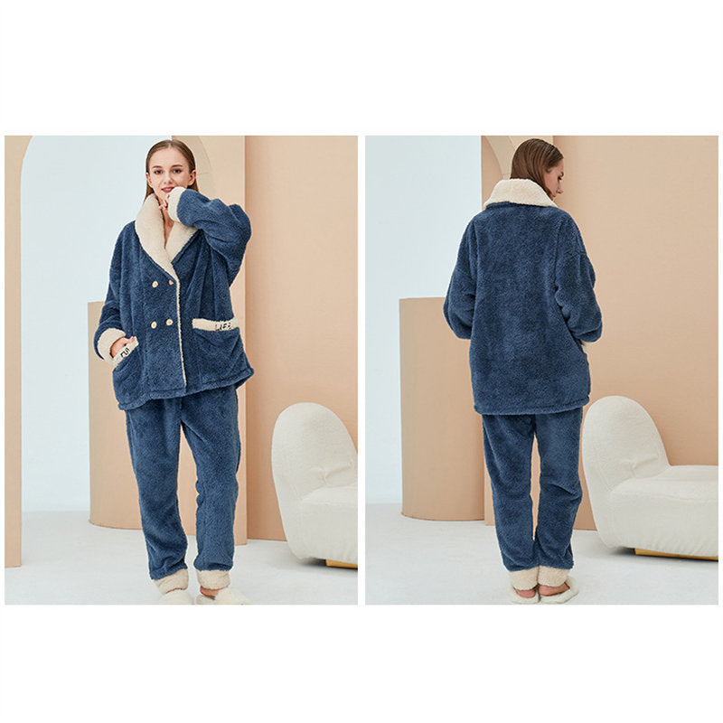 Womens Plush Pajamas Cardigan Set Loungewear-Navy Blue