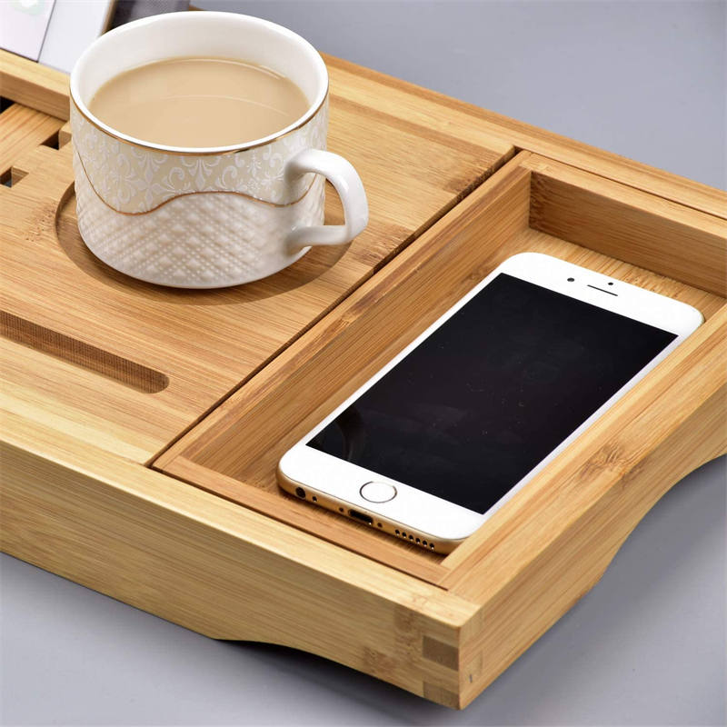 Bamboo Bathtub Tray Caddy Expandable Placed Book Smartphone and Wine Holder