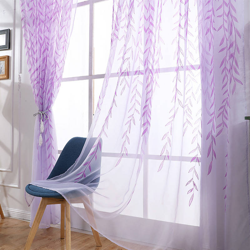 2 Panels Leaves Embroidered Sheer Rod Pocket Drapes For Living Room-Purple