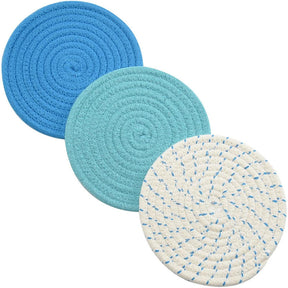 3 Pcs Potholders Colorful Cotton Thread Weave Stylish Coasters Heat Insulation Table Mat by Diameter 18CM-Blue