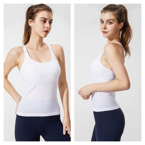 Ribbed Racerback Tank Top with Built in Bra Shockproof for Sports-White