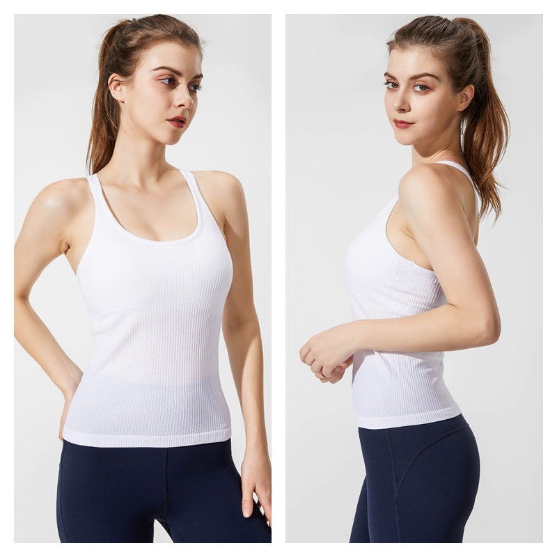Ribbed Racerback Tank Top with Built in Bra Shockproof for Sports-White