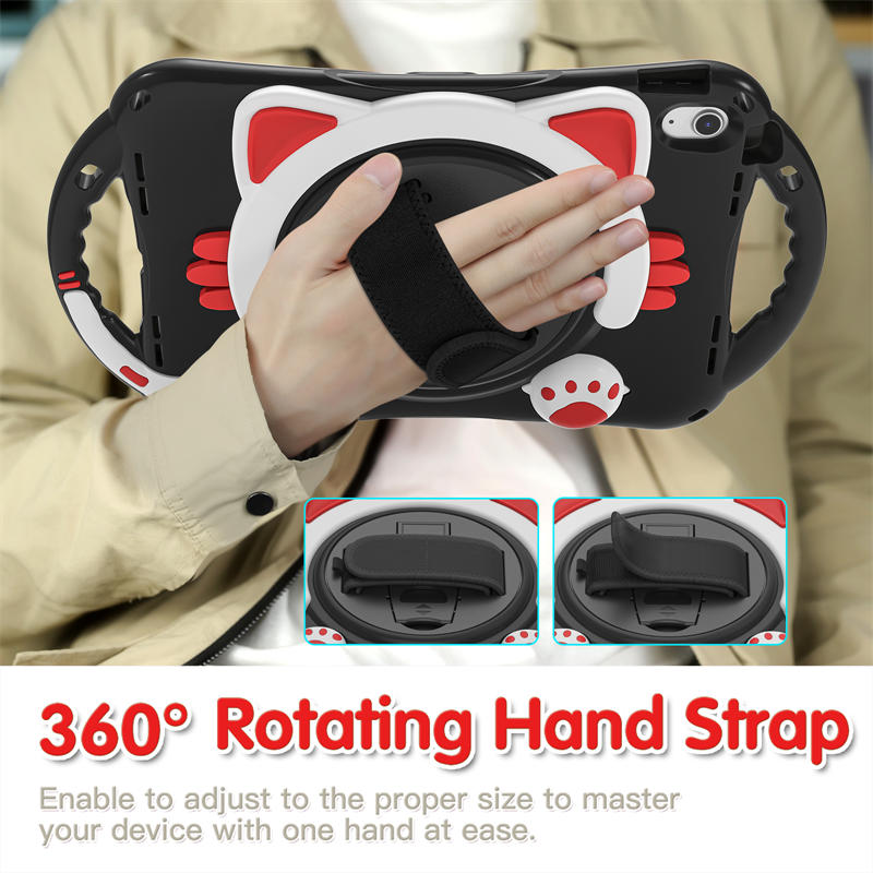 Cat Tablet Case For iPad 10th Rugged with Shoulder Strap-BlackRed