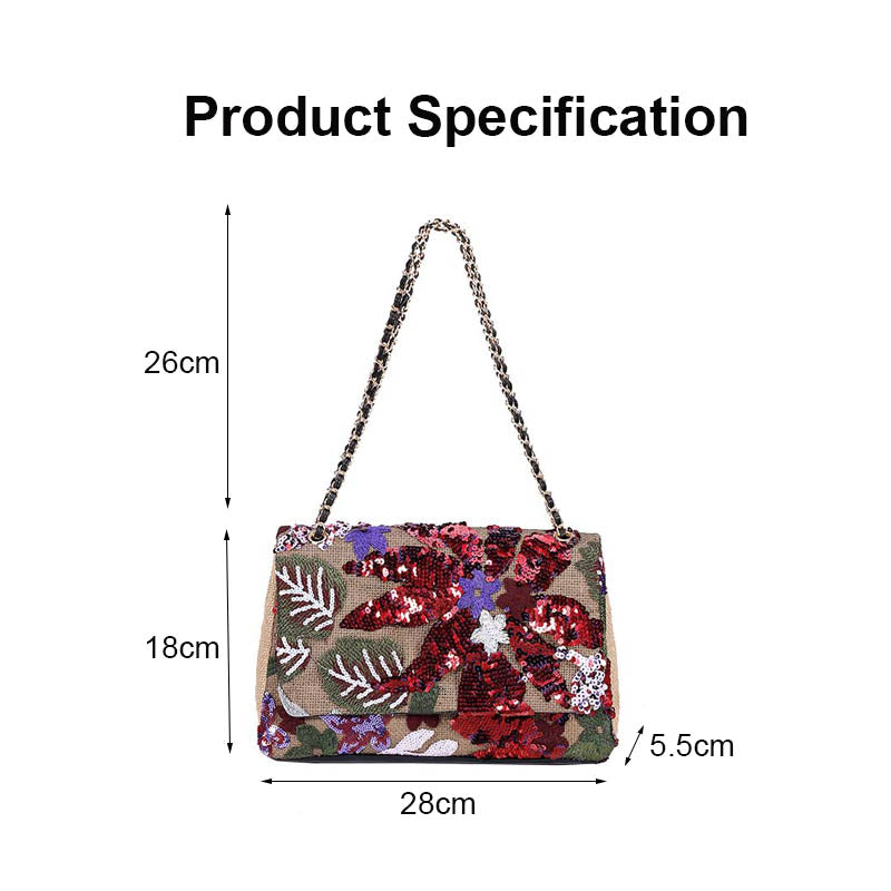 Women Fashion Crossbody Embroidery Shoulder Bag with Chain for Vacation-WineRed