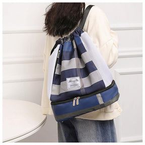 Womens Drawstring Bag Large Wet and Dry Separation Backpack-BlueGrid