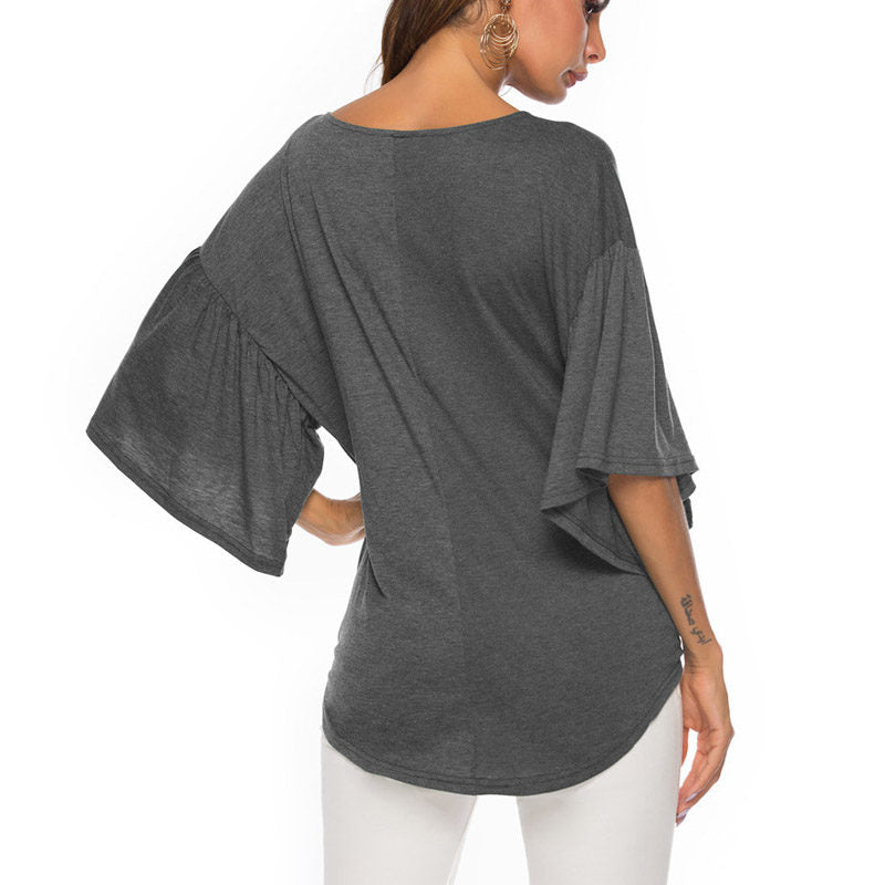 Womens Summer Ruffle Sleeve V-Neck T-Shirt Knot Tops-Grey