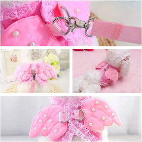 Adorable Pet Dog Harness and Leash Set with Lace Artificial Pearl Angel Wing-Pink