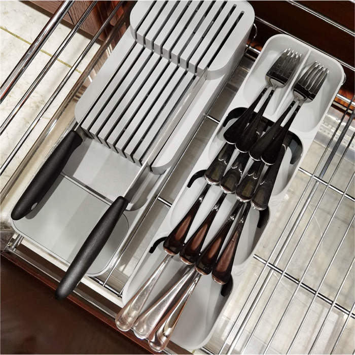 Compact Cutlery Organizer Kitchen Drawer Tray for Kitchen Drawer Holding Flatware Spoons Forks-Gray