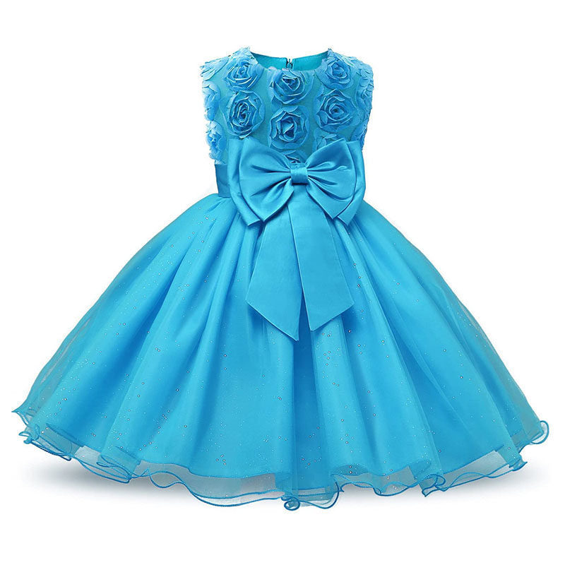 Girl Sleeveless Lace 3D Flower Tutu Holiday Princess Wedding Dresses-Blue