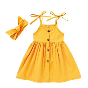 Toddler Baby Girls Summer Strap Button Dress Princess Sundress With Headband-Yellow