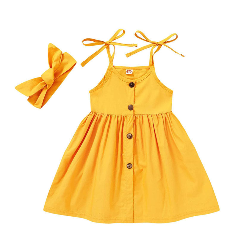 Toddler Baby Girls Summer Strap Button Dress Princess Sundress With Headband-Yellow