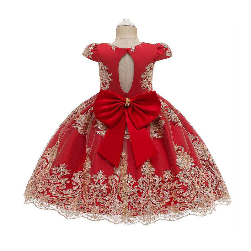 Girl Flower Lace Printed Cotton Elegant Tulle Bow Belt Princess Dress-13Red