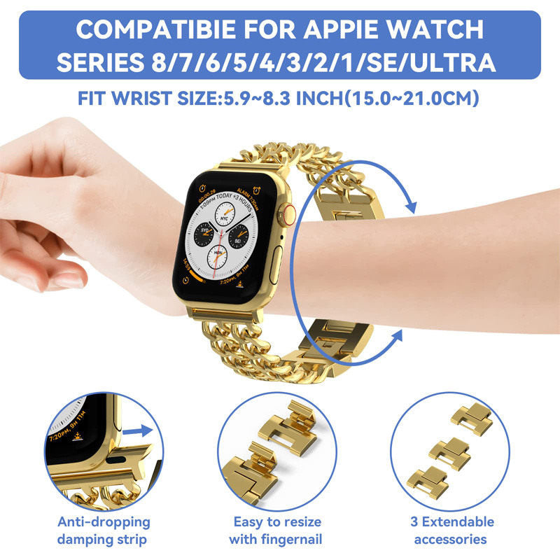 Metal Watch Band Double Chain Alloy Trendy Design for Apple Watch-Gold