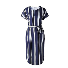 Womens Sexy Dresses Summer Casual V-Neck Printing Pattern Belted Slim Dress-Blue Strips