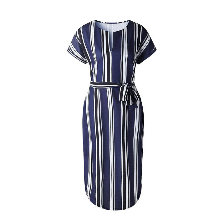 Womens Sexy Dresses Summer Casual V-Neck Printing Pattern Belted Slim Dress-Blue Strips