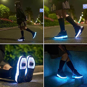 Kids Light Up Roller Skate Shoes High Top Sneakers Double Wheels-Black