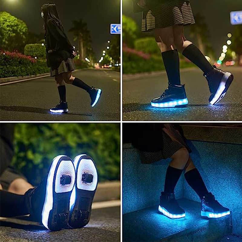 Kids Light Up Roller Skate Shoes High Top Sneakers Double Wheels-Black