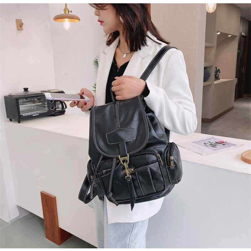 Teenager Leather Backpack Wallet Travel Drawstring Backpack-Black