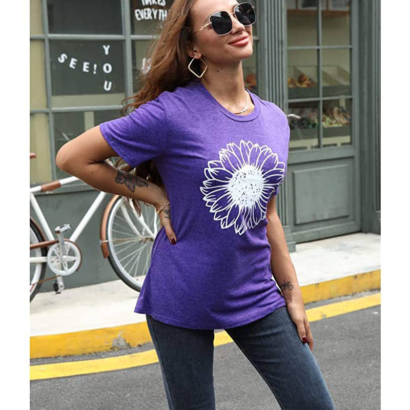 Womens Sunflower Summer Short Sleeve T-shirt Loose Casual Top-Purple