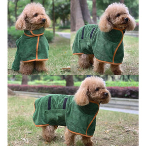 Dog Bathrobe Microfibre Fast Drying Towel Adjustable Collar Waist-Green