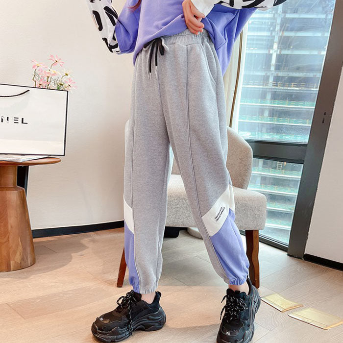 Girls Joggers Long Pants Pockets Outdoor Casual Trousers with Drawstring Three-color Stitching-Gray