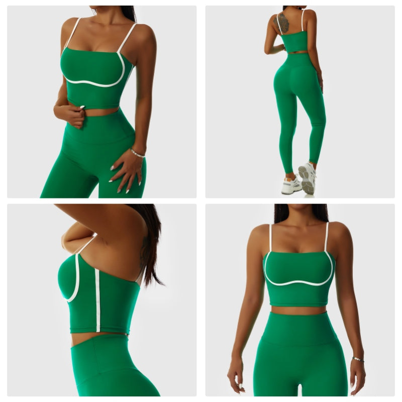 Spaghetti Strap Sports Bra Square Neck Padded Fitness Crop Tops-Green