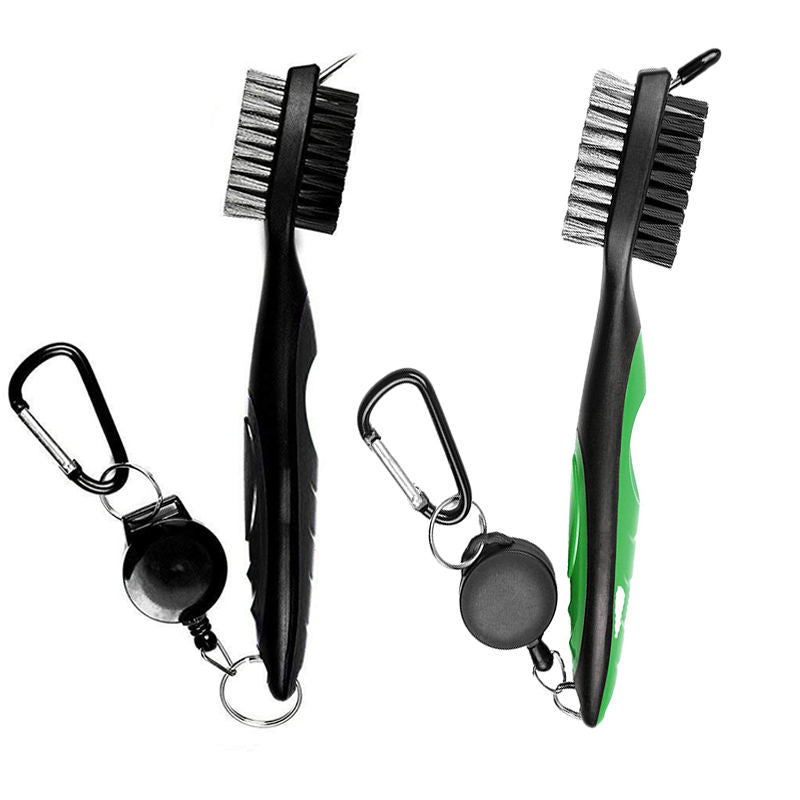 2Pcs Golf Club Brush Groove Cleaner with Retractable Zip-line Carabiner-Green Black
