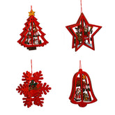 Set of 4 Wooden Hanging Ornaments 3D Snowflake Bells Star Tree Home Decorations-B