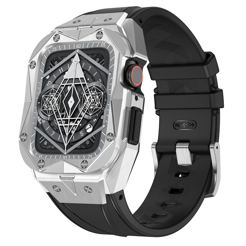 Sport TPU Strap with Protective Cover Frame for Apple Watch 44mm/45mm-Silver