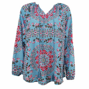 Womens V-neck Casual Boho Floral Print Long Sleeve Shirts-SkyBlue