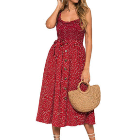 Womens Summer Suspenders Ruffle Polka-dot Printed Dress-Red